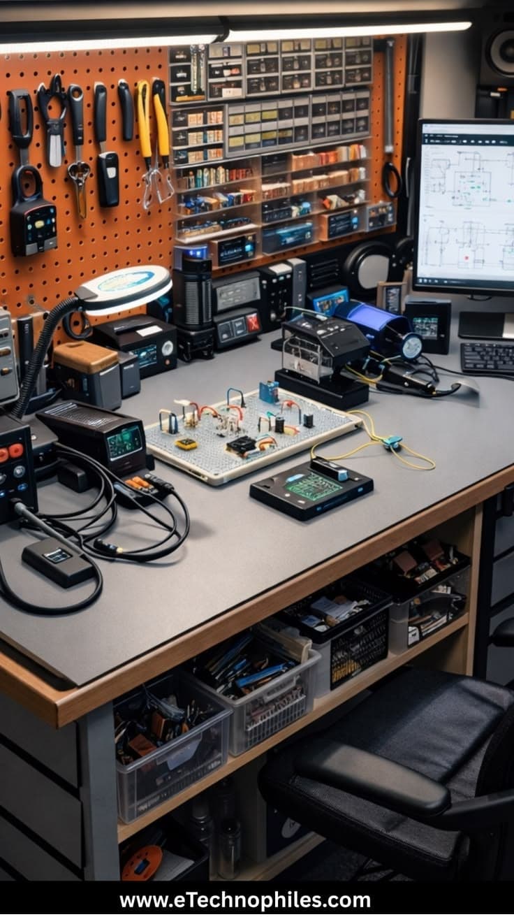 Komponen elektronika di meja kerja